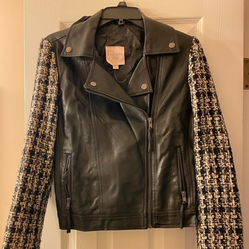 Faux leather & tweed Moto jacket